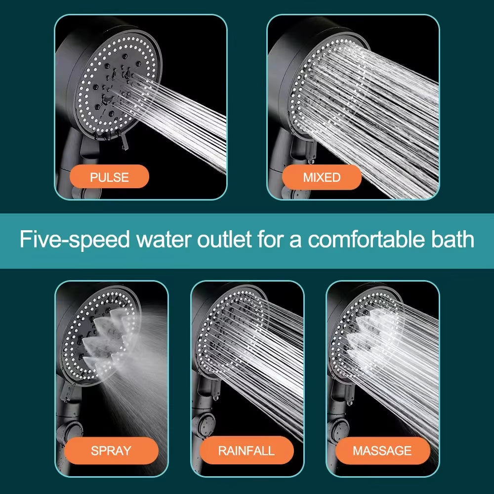 Adjustable High Pressure Shower Head 5 Modes with Hose Water Saving One-Key Stop Spray Nozzle - Bathroom Shower Accessories