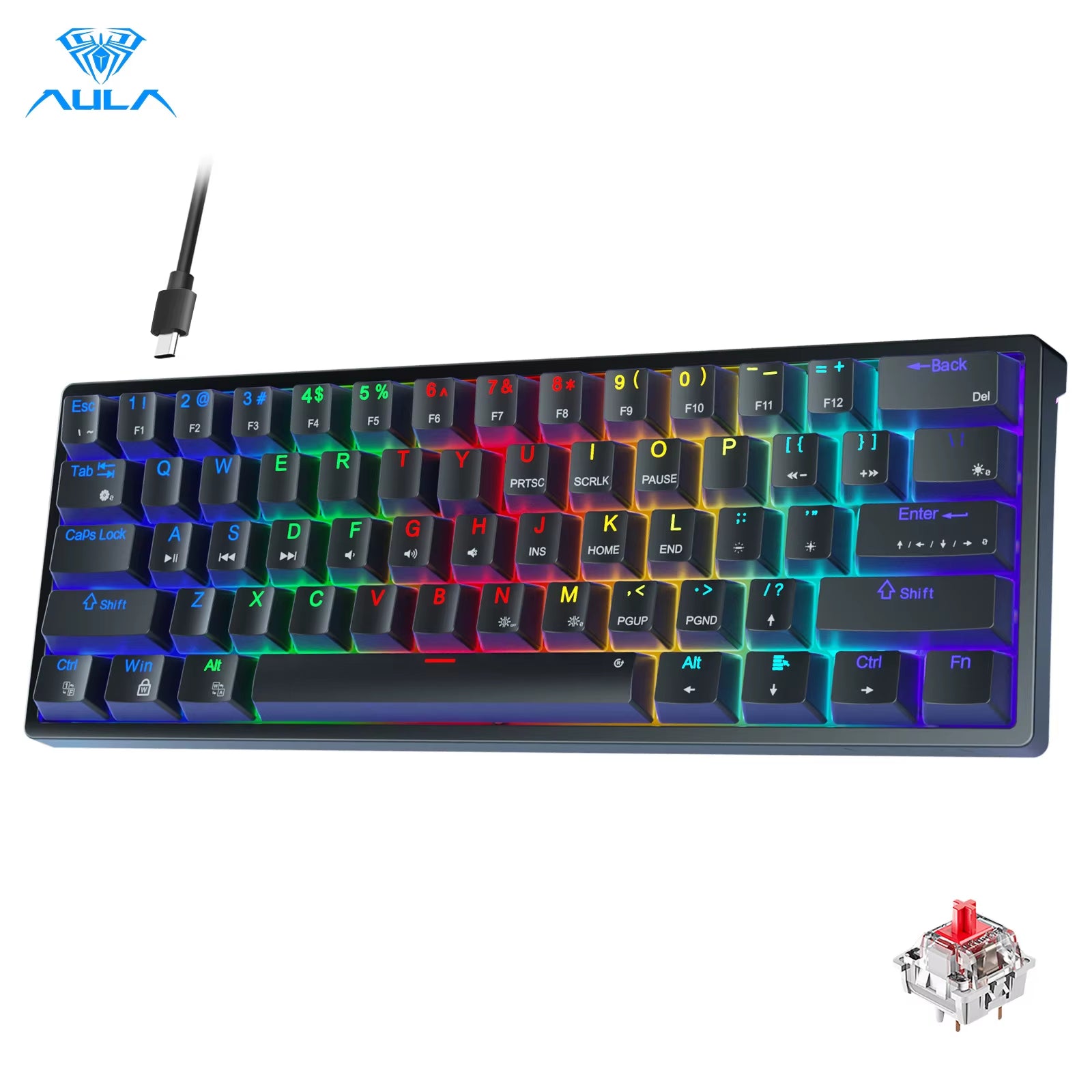 F3261 RGB effect USB Mini Mechanical Gaming Keyboard Red Switch 61 Keys Wired Separated detachable cable for Mac Windows