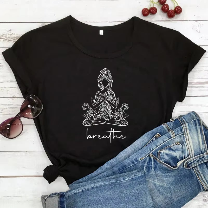 Breathe Meditation Girl T-shirt Boho Yoga Workout Tshirt Funny Women Graphic Namaste Top Tee Shirt