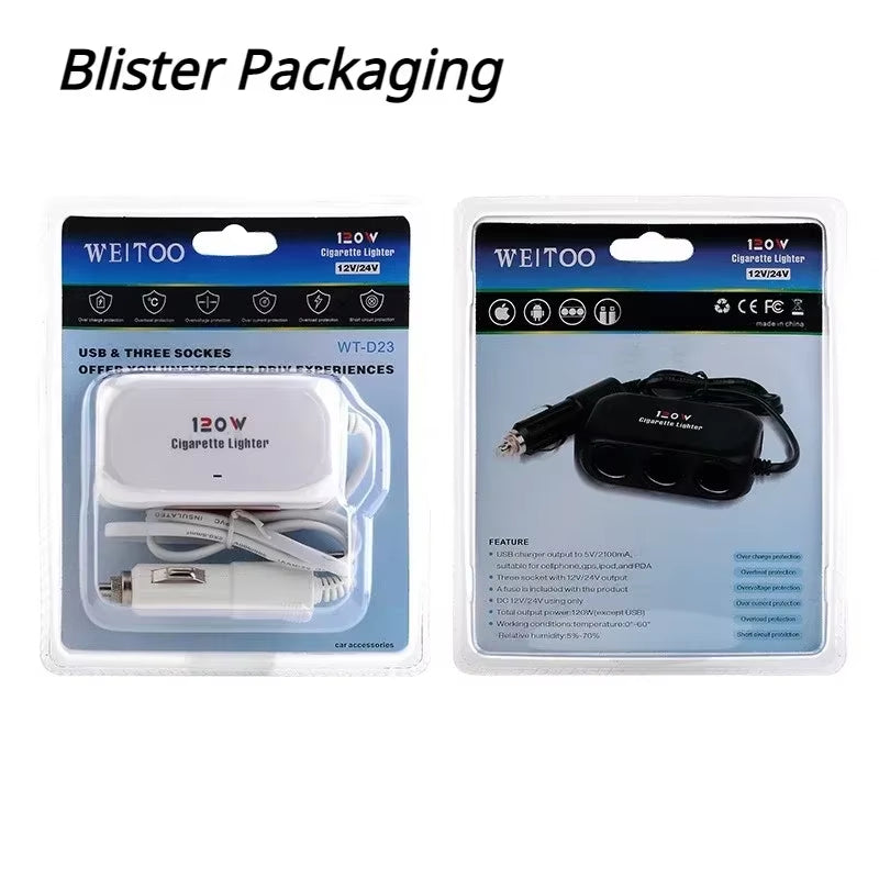 3 Socket Car Cigarette Lighter Splitter Dual USB LED Car Fast Charger 120W 12V 24V Car Charger Adapter for IPhone GPS Dashcam