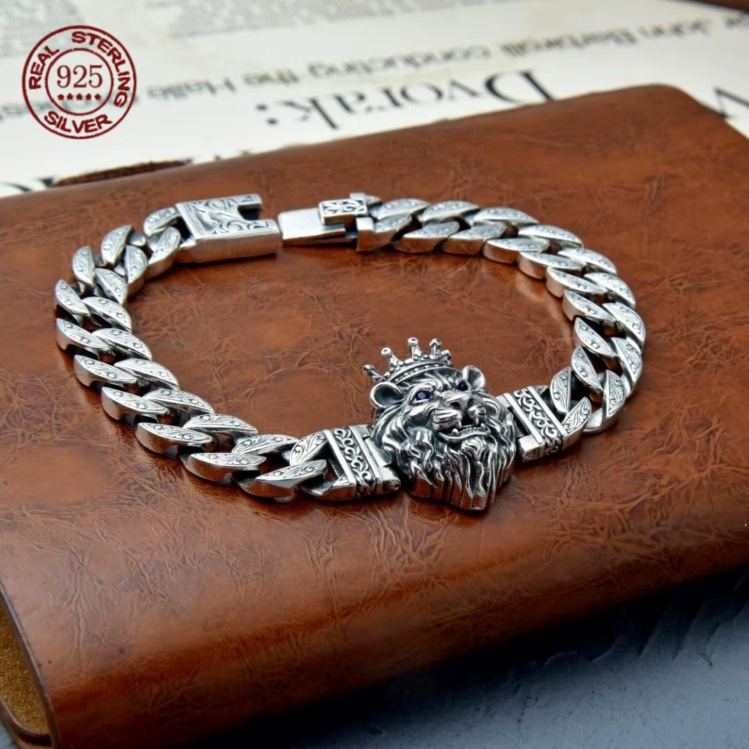 Factory Price S925 Silver Jewelry Men's Vintage Fashion Punk Lion Head Bracelet Retro Trend Jewelry Gift