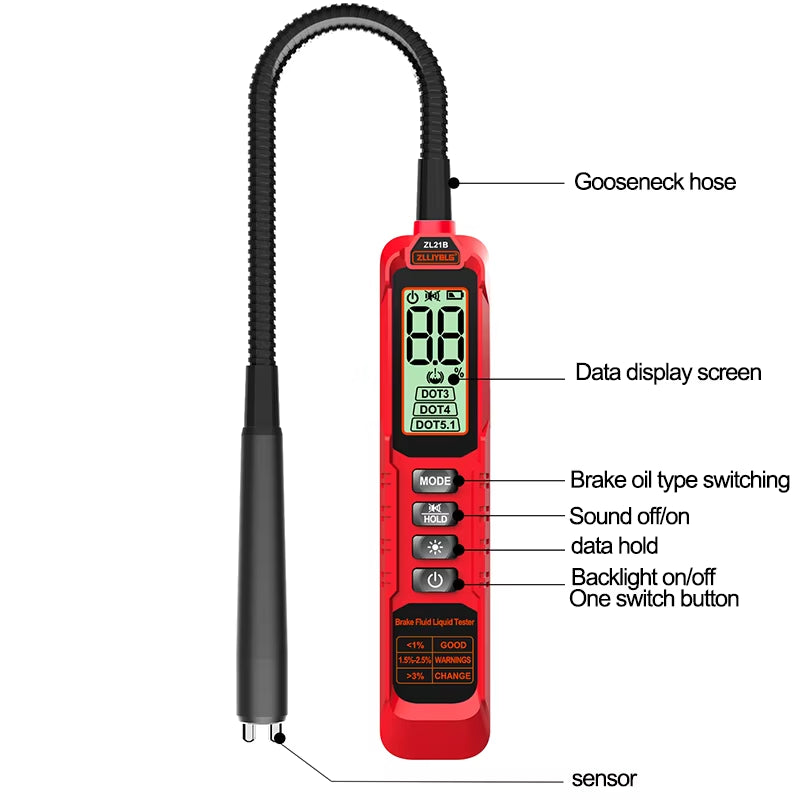 Digital Brake Fluid Tester Auto Car Brake Oil Moisture Detector DOT3/DOT4/DOT5.1 with Backlight Flexible Probe Brake Oil Tester