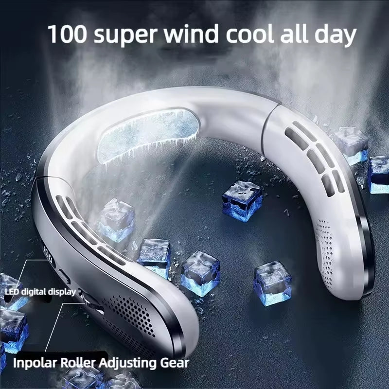 8000mAh Portable Hanging Neck Fan Bladeless Neckband Fan Digital Display Power Air Cooler USB Rechargeable Electric Fan