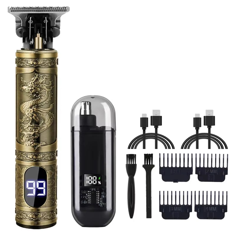 T9 Professional Retro Electric Cordless Hair Clipper Grade Rechargeable Hair Trimmer Kit with Dragon Engraved Retro Design