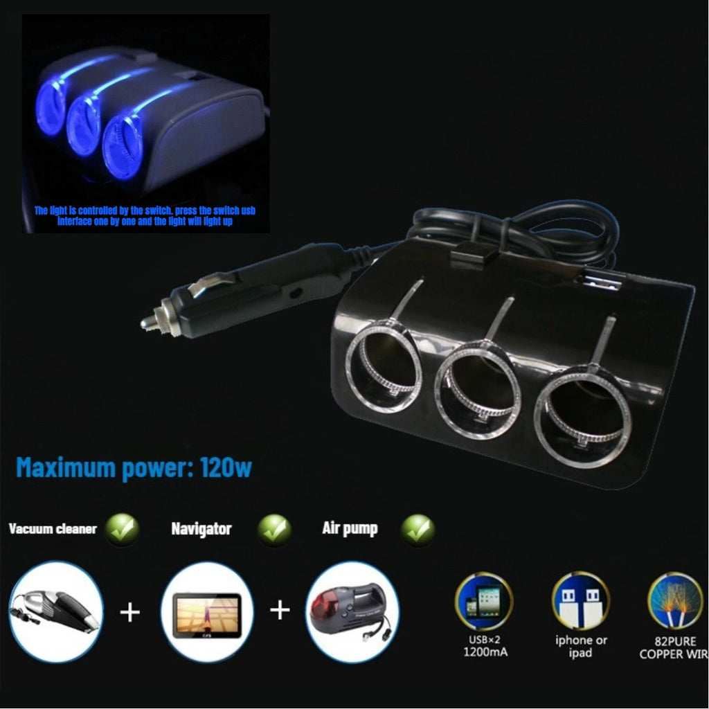 3 Socket Car Cigarette Lighter Splitter Dual USB LED Car Fast Charger 120W 12V 24V Car Charger Adapter for IPhone GPS Dashcam