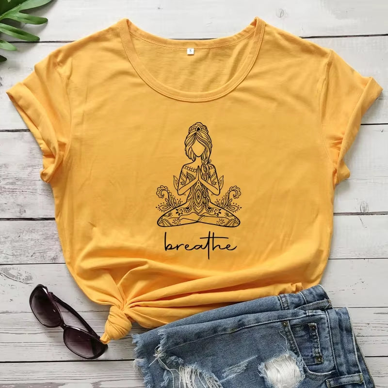Breathe Meditation Girl T-shirt Boho Yoga Workout Tshirt Funny Women Graphic Namaste Top Tee Shirt