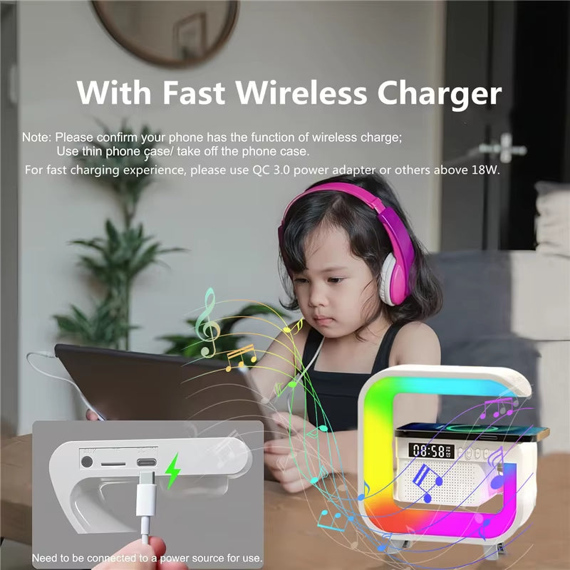 RGB Light All in One Wireless Charger Station Bluetooth Speaker TF FM With Alarm Clock For iPhone Samsung Xiaomi Fast Charging
