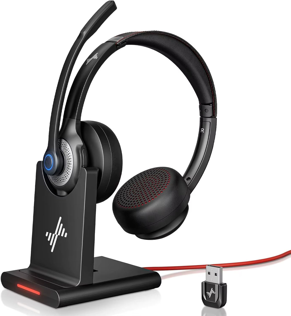 JIAMQISHI EH02P Wireless Headset with AI Noise Cancelling Microphone Headphones Bluetooth V5.2 with USB Dongle,Charging Base
