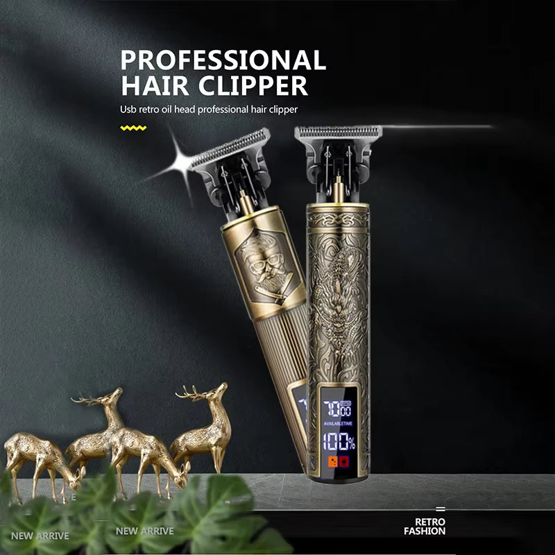 T9 Professional Retro Electric Cordless Hair Clipper Grade Rechargeable Hair Trimmer Kit with Dragon Engraved Retro Design