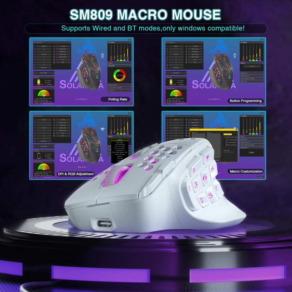 SM809 Pro Wireless MMO Gaming Mouse PAW3311 16 Side Buttons 24000 DPI RGB Honeycomb Programmable Macro Wireless mouse