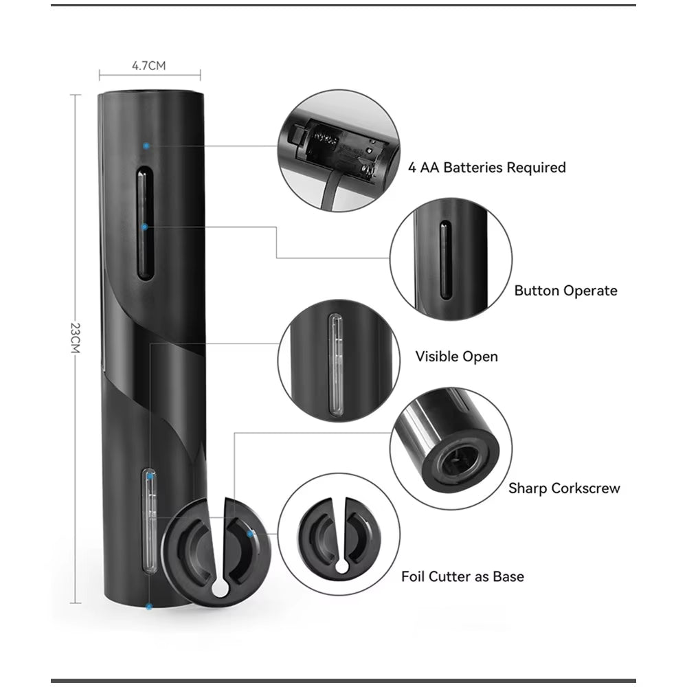 Powered One-click Button Black Battery Electric Wine Opener Gift Set Electronic Corkscrew with Foil Cutter