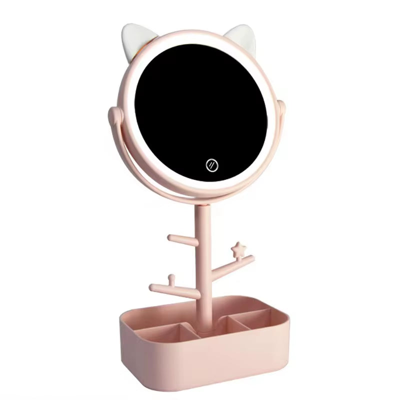 Ears LED Makeup Mirror With Light Lamp With Storage Desktop Rotating Cosmetic Mirror Light Adjustable Dimming USB Vanity Mirror