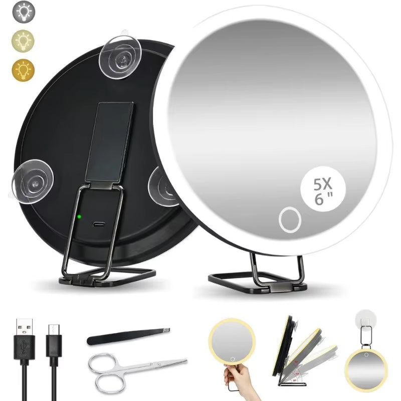 6 Inch Adjustable Stand Magnifying Mirror with Light High-Definition Suction Cup LED Makeup Mirror Foldable 5/10/20/30x
