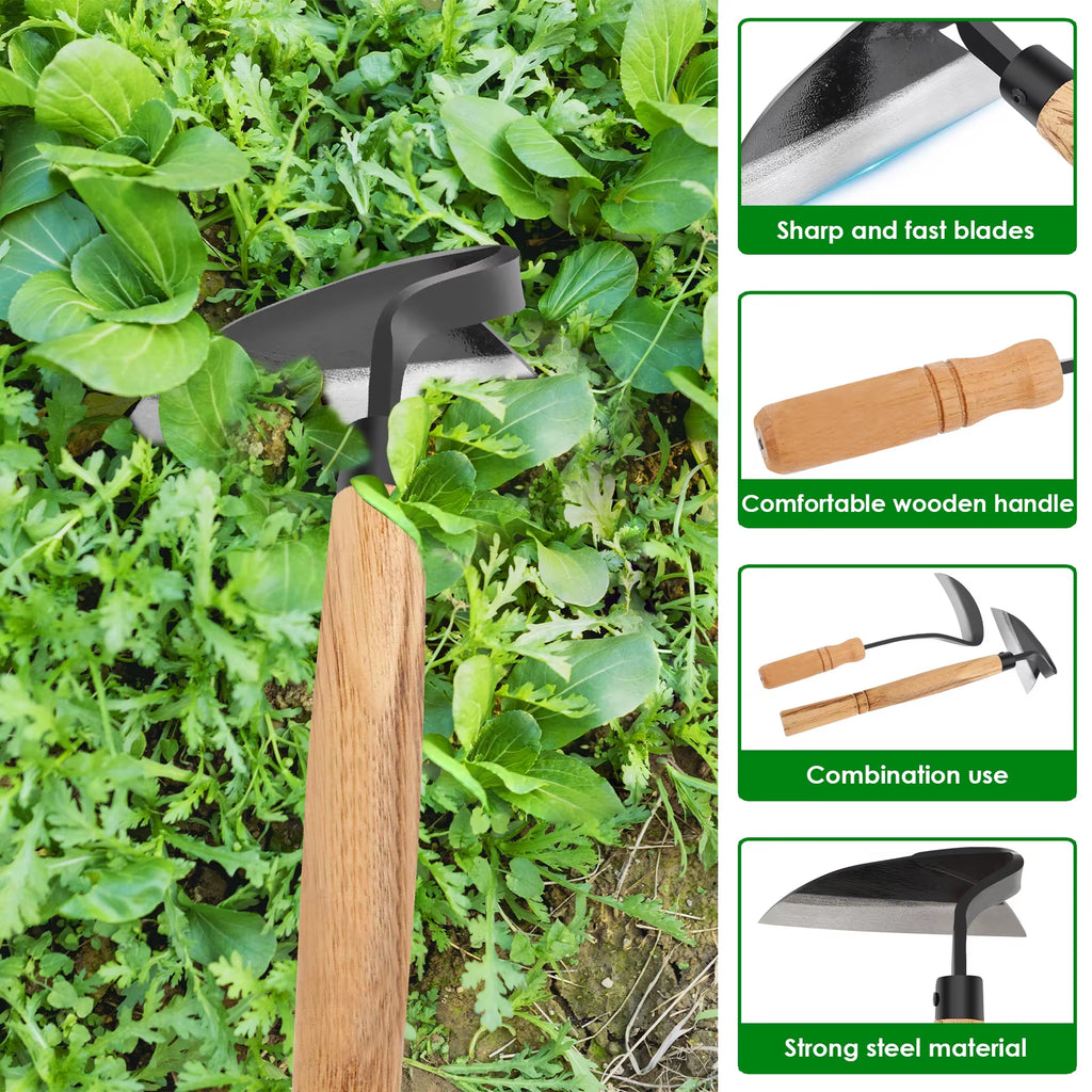 2/1Pcs Hand Weeding Hoe Japanese Style Weed Removal Tool Carbon Steel One-Piece Molding with Hard Solid Wood Handle for Yard
