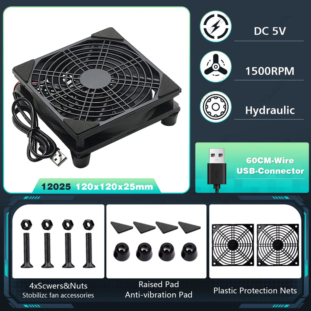 5V USB Router Fan 80mm 92mm 120mm 140mm DIY TV Box Ball/Sleeve Cooler & Protective Net Desktop Cooling Fan