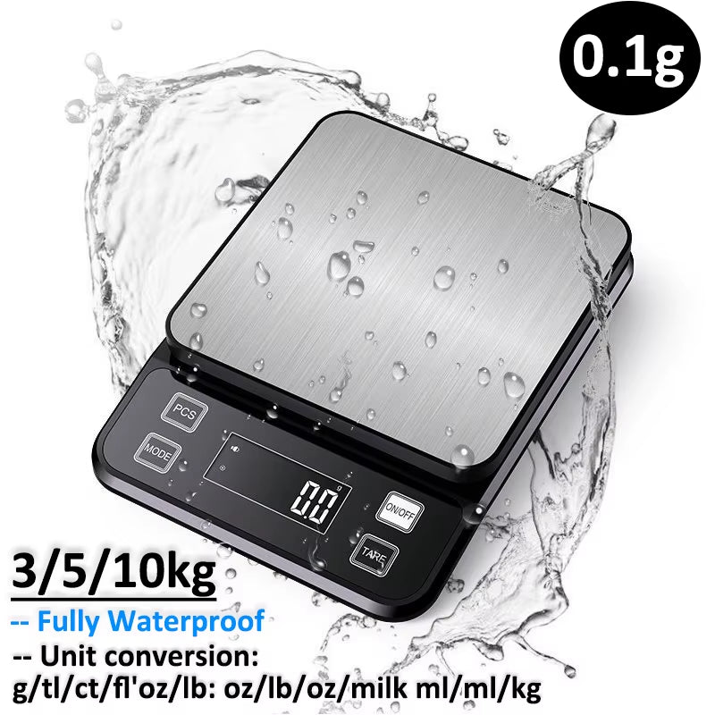 3/5/10kg 0.1g Digital Electronic Kitchen Scale LCD Display Fully Waterproof Stainless Steel Measuring Weighing Baking Tool