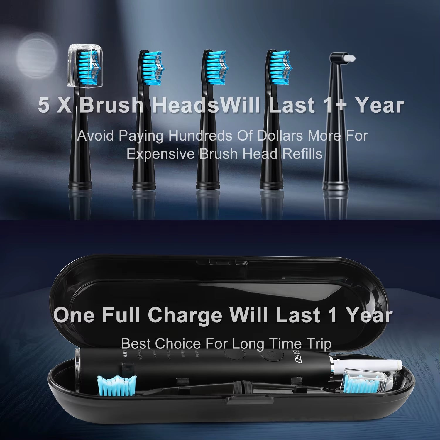Electric Sonic Toothbrush USB Rechargeable Adult 360 Days Long Battery Life IPX7 4 Replacement Heads Travel Box  SG-575