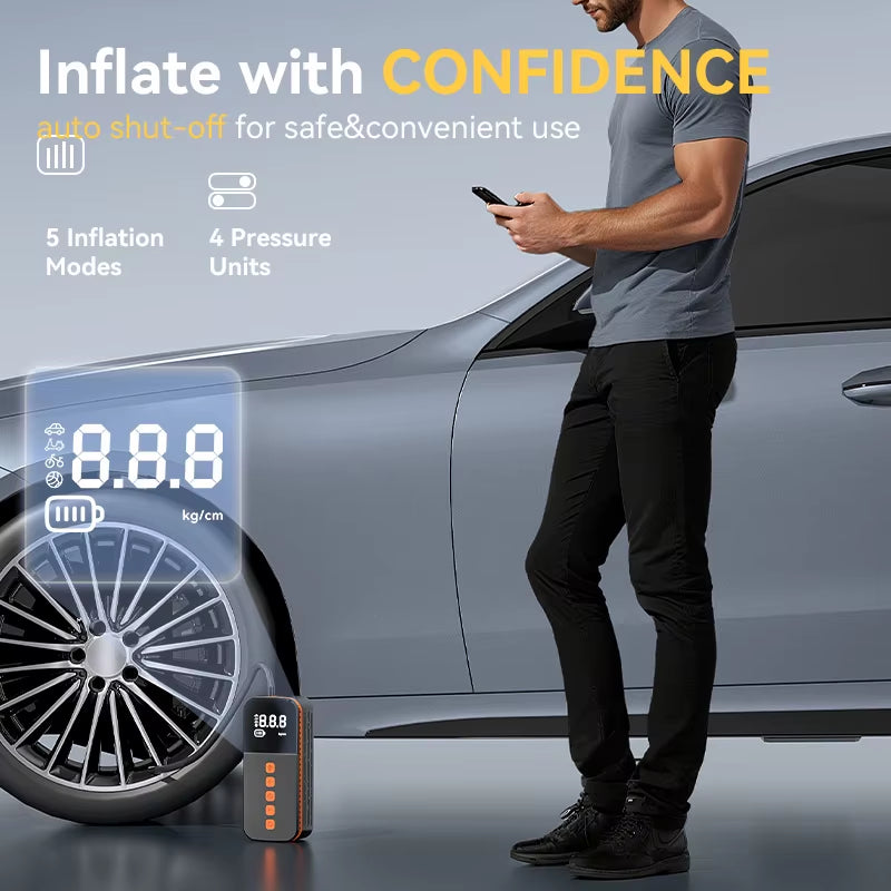 Portable Air Compressor - 150PSI, 1-min fast inflation with tire gauge & LED light. For cars, motorcycles, bikes and balls