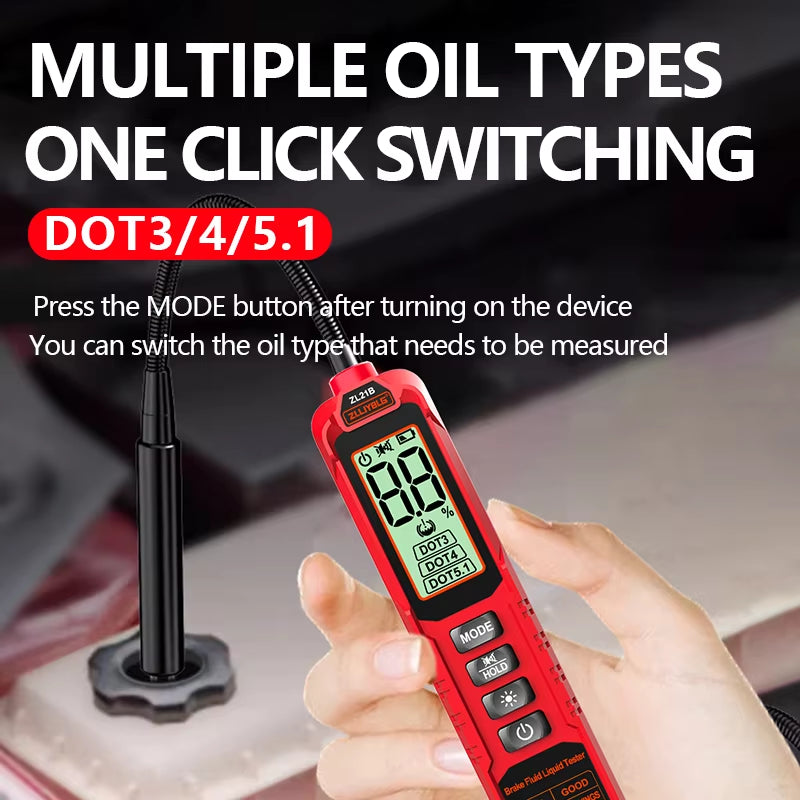 Digital Brake Fluid Tester Auto Car Brake Oil Moisture Detector DOT3/DOT4/DOT5.1 with Backlight Flexible Probe Brake Oil Tester