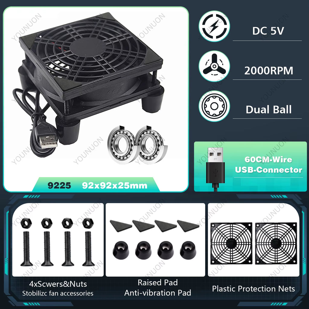 5V USB Router Fan 80mm 92mm 120mm 140mm DIY TV Box Ball/Sleeve Cooler & Protective Net Desktop Cooling Fan