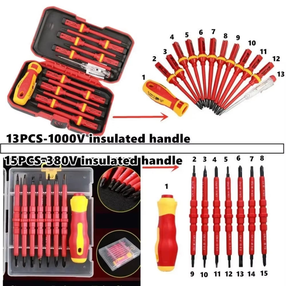 13/15pcs 1000V Electrician Repair Tools Kit Changeable Insulated Screwdrivers Set Magnetic Slotted Bits Repair Tool Electrician