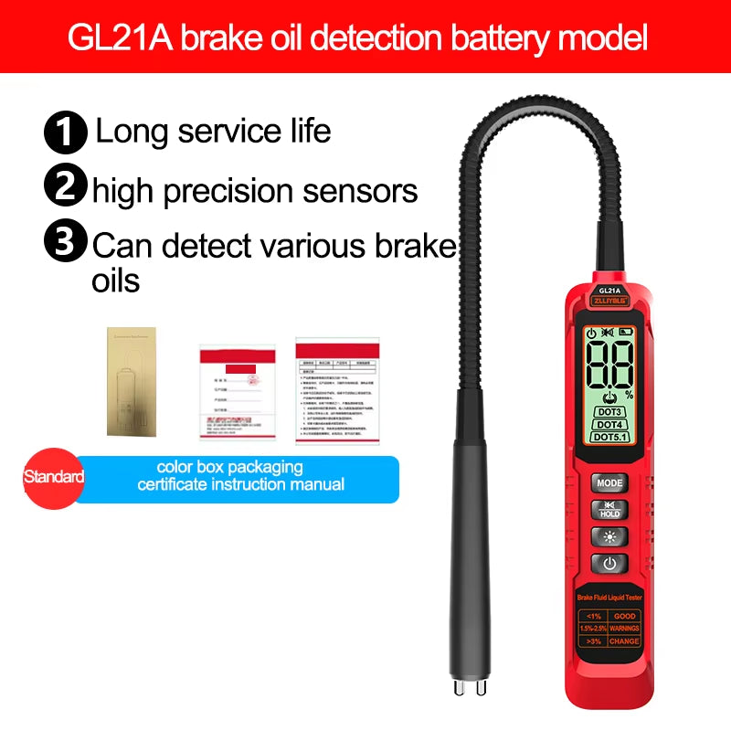 Digital Brake Fluid Tester Auto Car Brake Oil Moisture Detector DOT3/DOT4/DOT5.1 with Backlight Flexible Probe Brake Oil Tester