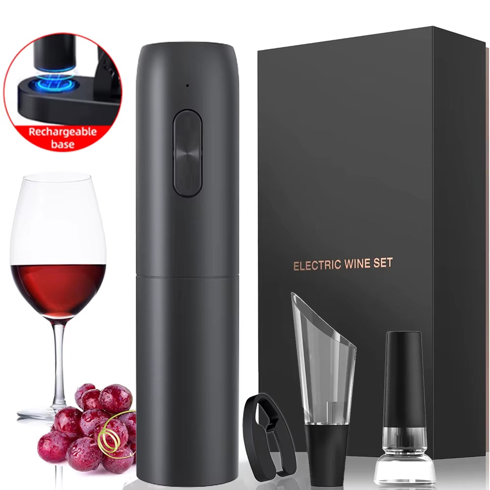 Electric Wine Bottle Opener Kit Automatic Red Wine Corkscrew with Charging Base or Battery Powered Wine Tools Kitchen Set