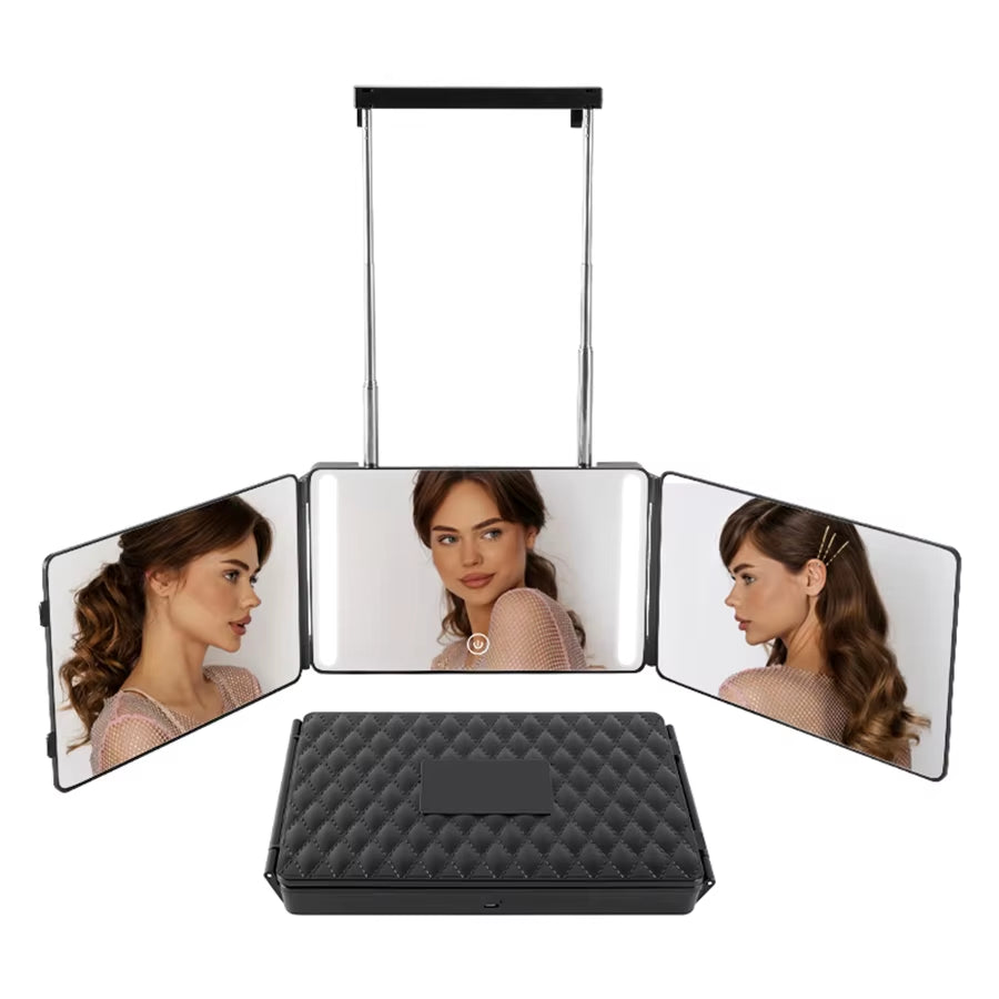 3 Way Haircut Mirror 360 Mirror with LED Lights Door-Hanging Design with Hook Perfect for Makeup Self Hair Cutting Portable Fold