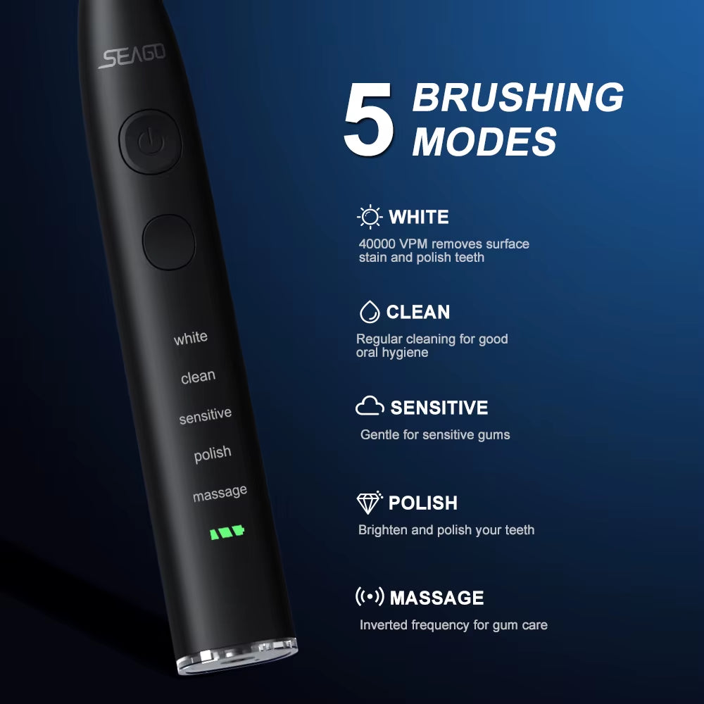 Electric Sonic Toothbrush USB Rechargeable Adult 360 Days Long Battery Life IPX7 4 Replacement Heads Travel Box  SG-575