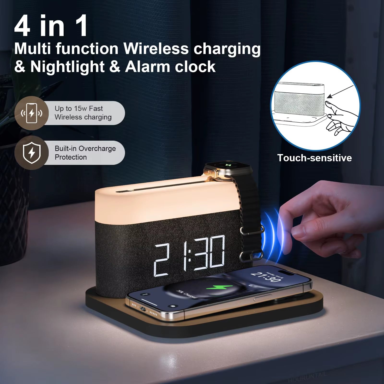 15W Qi Wireless Charging Alarm Clock - Digital LED Night Light for IPhone/Samsung/Huawei, Adjustable Brightness