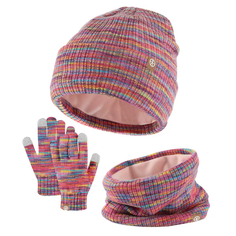 New Kids Hats Set Winter Warmth Children Knitted Gloves Hat Scarf Three-piece Set Outdoor Windproof Baby Caps Gloves Scarf Set