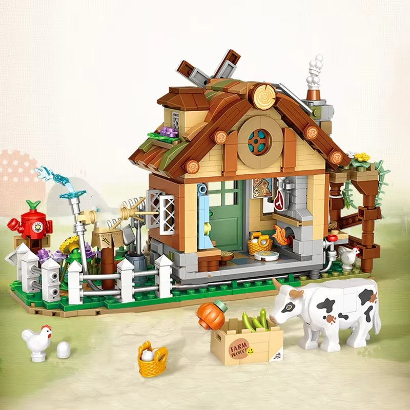 Farm Building Block Set DIY Country Windmill Cabin Model Small Particle Assembled Ornaments Adult and Children's Toys Gifts