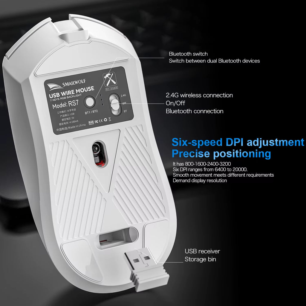 RS7 Bluetooth wireless three-mode e-sports gaming mouse 2000DPI six-speed adjustable PAW3311 gaming office mouse