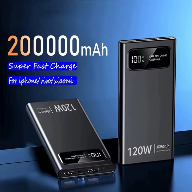 120W 200000mAh Power Bank Super Fast Charging Battery High Capacity Digital Display Power Bank For iPhone Samsung Huawei