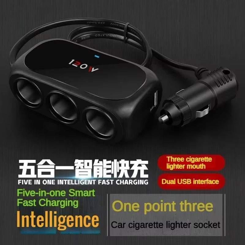 3 Socket Car Cigarette Lighter Splitter Dual USB LED Car Fast Charger 120W 12V 24V Car Charger Adapter for IPhone GPS Dashcam