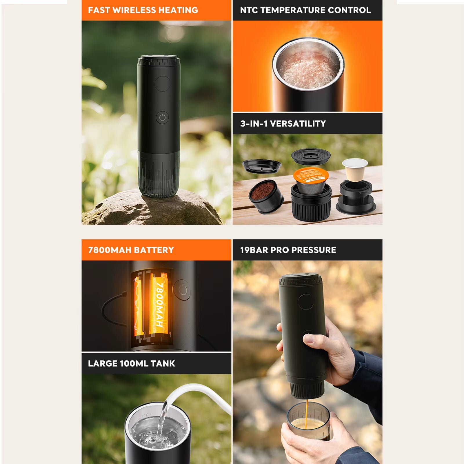 Portable Coffee Maker USB Rechargeable Electric Coffee Machine Capsule and Powder with 20 Bar Pressure for Home Office Travel