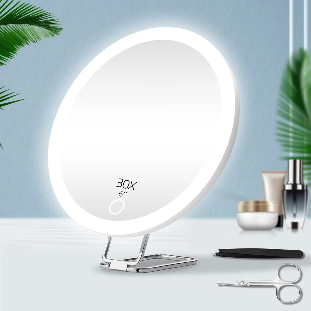 6 Inch Adjustable Stand Magnifying Mirror with Light High-Definition Suction Cup LED Makeup Mirror Foldable 5/10/20/30x