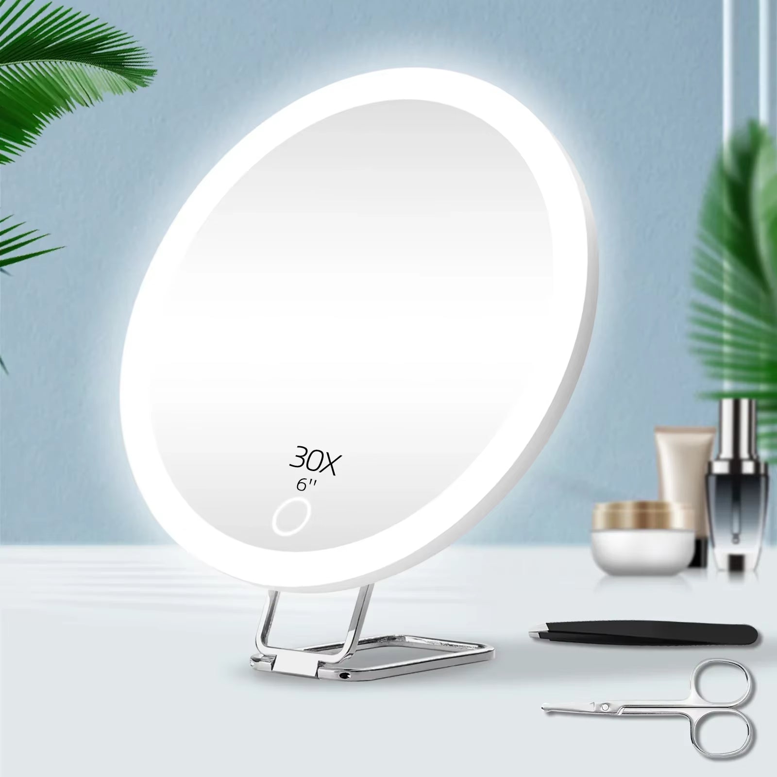 6 Inch Adjustable Stand Magnifying Mirror with Light High-Definition Suction Cup LED Makeup Mirror Foldable 5/10/20/30x