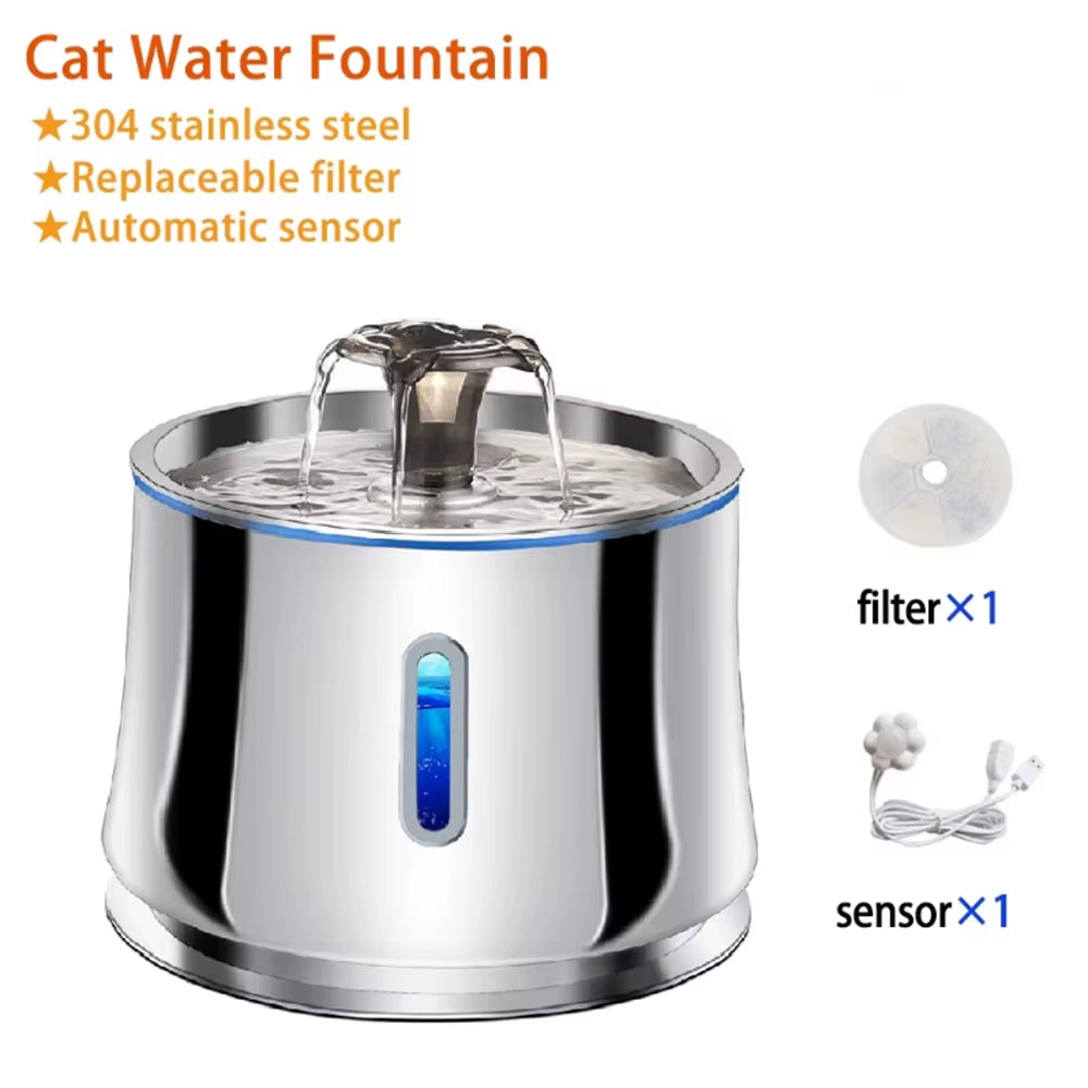 Stainless Steel Water Fountain for Cats Dog Transparent Window Pet Water Fountain with Sensor & Filter Cat Mute Water Dispenser