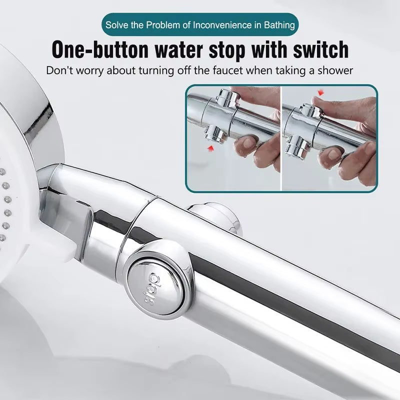 Adjustable High Pressure Shower Head 5 Modes with Hose Water Saving One-Key Stop Spray Nozzle - Bathroom Shower Accessories