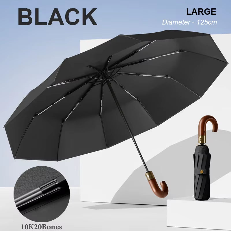 30 Bones Windproof Strong Reinforced Automatic Folding Umbrella for Men Curved Wooden Handle Luxury Umbrella Water Resistant