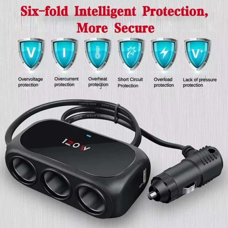 3 Socket Car Cigarette Lighter Splitter Dual USB LED Car Fast Charger 120W 12V 24V Car Charger Adapter for IPhone GPS Dashcam