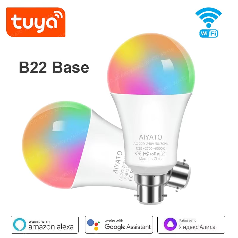 B22 Base UK TUYA Wifi Smart Bulb Bluetooth lamps Led RGB Smart Light 220V Alexa Google Assisatnt Voice Control Timing APP Group