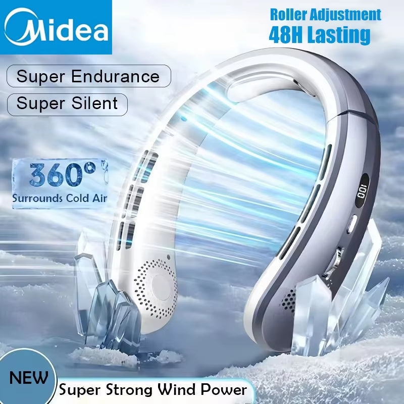 8000mAh Portable Hanging Neck Fan Bladeless Neckband Fan Digital Display Power Air Cooler USB Rechargeable Electric Fan