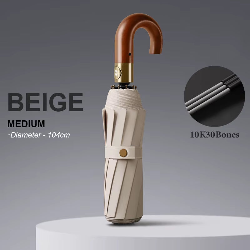 30 Bones Windproof Strong Reinforced Automatic Folding Umbrella for Men Curved Wooden Handle Luxury Umbrella Water Resistant