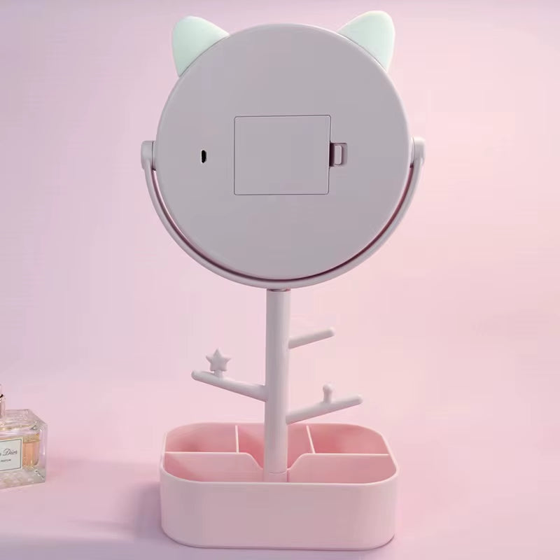 Ears LED Makeup Mirror With Light Lamp With Storage Desktop Rotating Cosmetic Mirror Light Adjustable Dimming USB Vanity Mirror