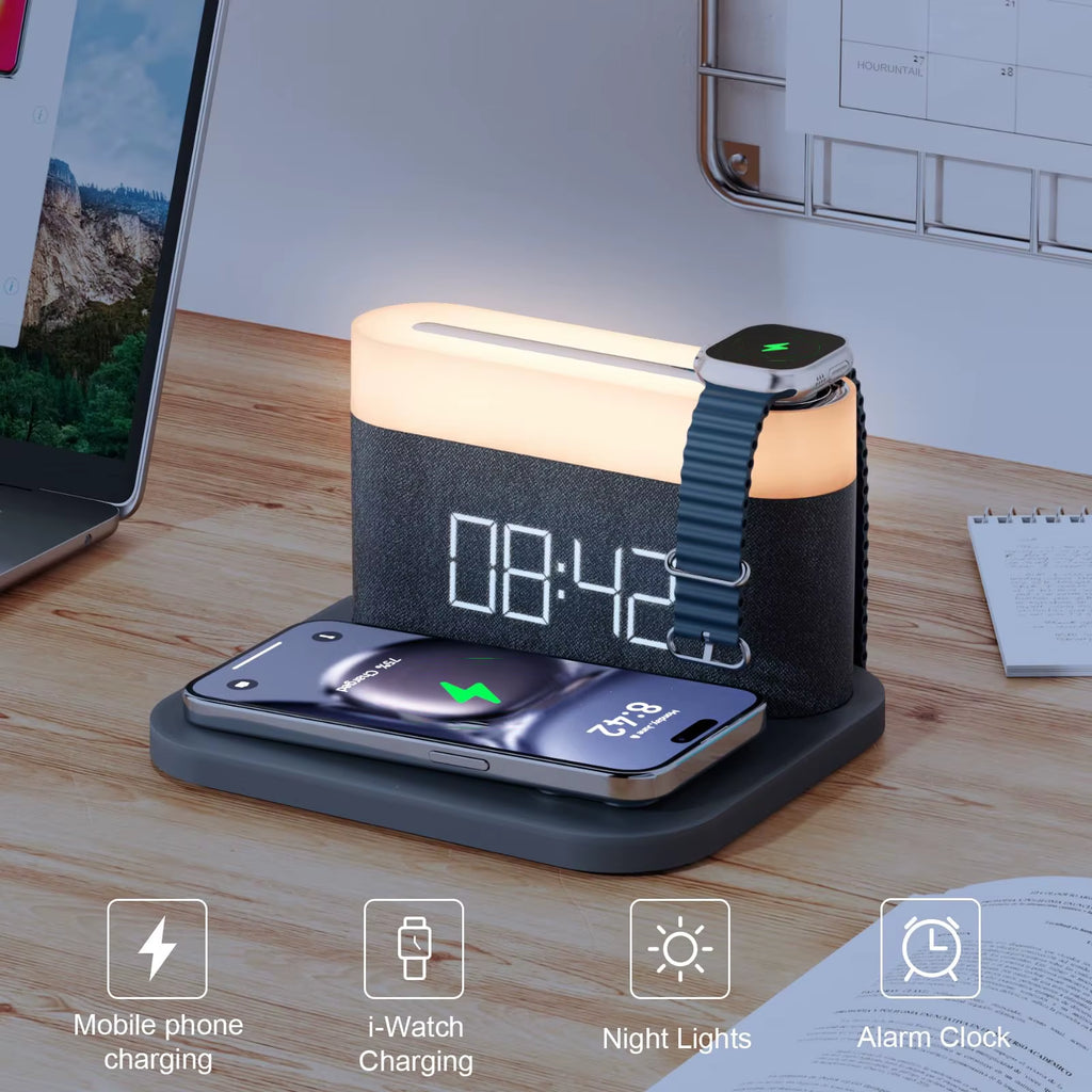 15W Qi Wireless Charging Alarm Clock - Digital LED Night Light for IPhone/Samsung/Huawei, Adjustable Brightness