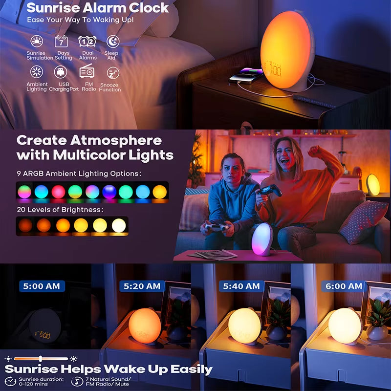 Wake Up Light Sunrise Alarm Clock with Night Light FM Radio Natural Sounds Desk Clock for Heavy Sleepers Bedroom Sleep Aid