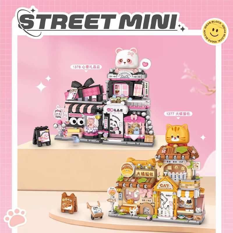 LOZ New Big Orange Cat Society Pet Store Gift Shop Building Block, Panda Tea House Home Decora Assembly Toys,For Kids Girls Gift