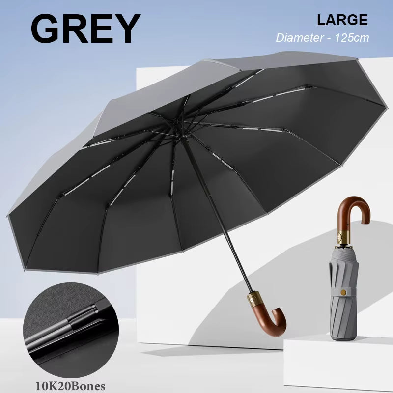 30 Bones Windproof Strong Reinforced Automatic Folding Umbrella for Men Curved Wooden Handle Luxury Umbrella Water Resistant